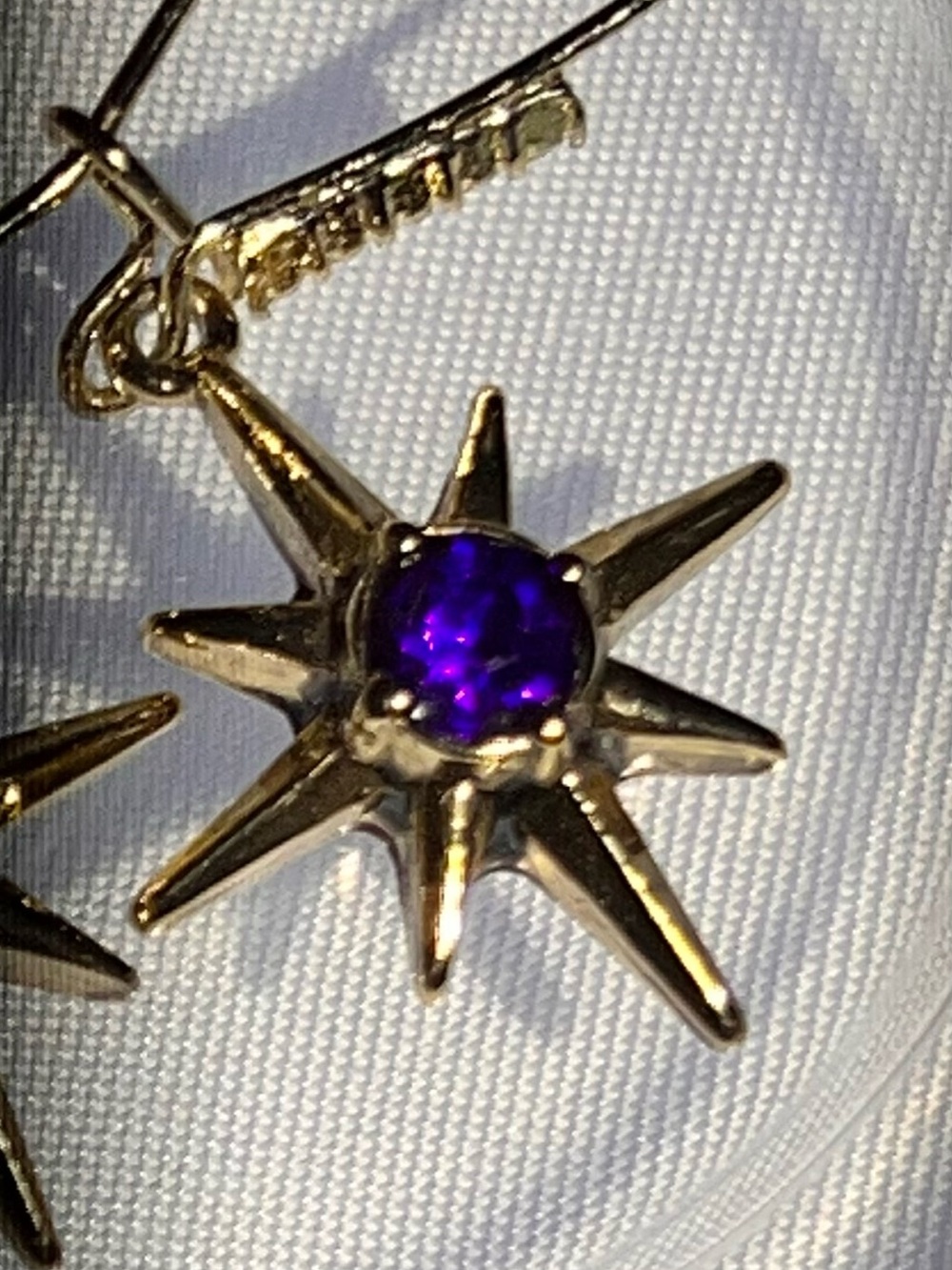 Betsy Johnson Gold Starburst Drop Earrings with PURPLE Stone - LIKE NEW GEORGOUS